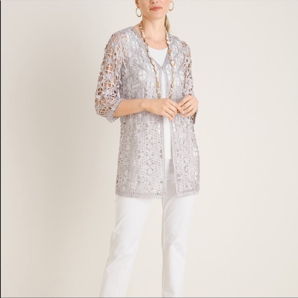 TALBOTS Soutache Delicate Open Weave Silver/Gray Cardigan—SZ. 0P